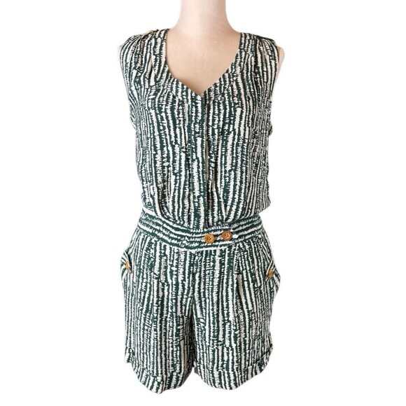 Anthropologie ETT TWA Sleeveless Romper Women's Size 0 Green & White Pockets - Picture 1 of 16